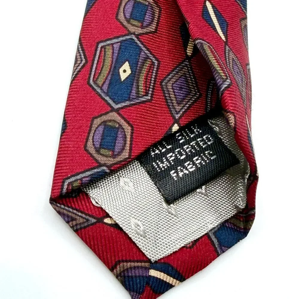Vintage 90s Albert Nipon Silk Red Navy Geometric Necktie